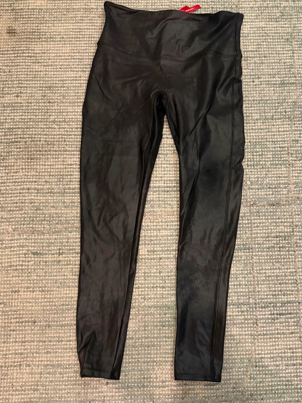 SPANX Black Faux Leather Leggings with Red Brand Tag